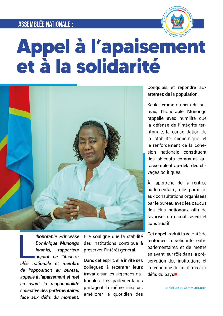 Rentrée parlementaire à l’Assemblée nationale : 
L'honorable Princesse Dominique Munongo Inamizi appelle à l’apaisement et à la solidarité, tout en soulignant que la stabilité des institutions contribue à préserver l’intérêt général. <a href="/AssembleeNatRDC/">Assemblée nationale 🇨🇩</a>