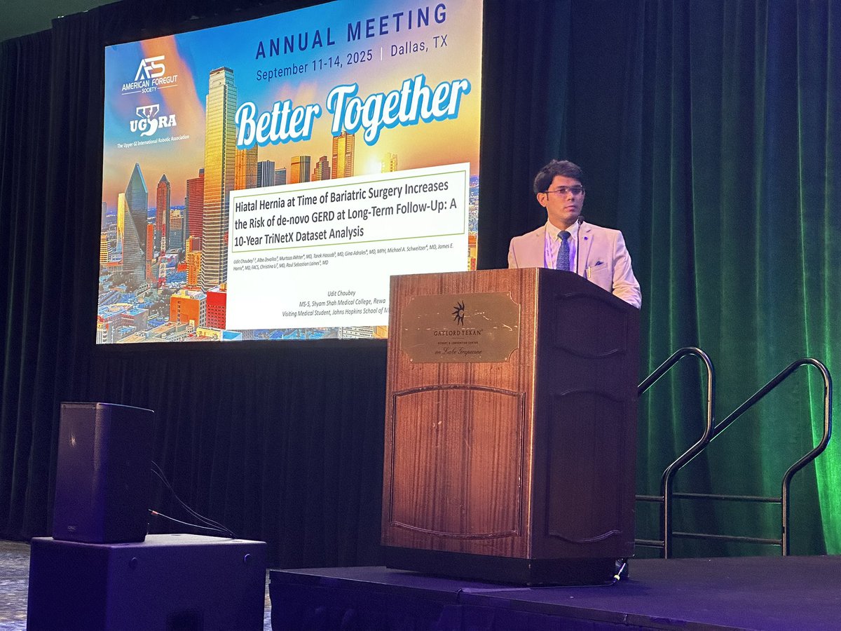 From the #AFS2025 podium 🎤

Udit Choubey presented a 10-year TriNetX analysis showing that the presence of hiatal hernia at the time of bariatric surgery increases the risk of de novo GERD. A fascinating use of big data in foregut research!

💡 Submit your work to Foregut: