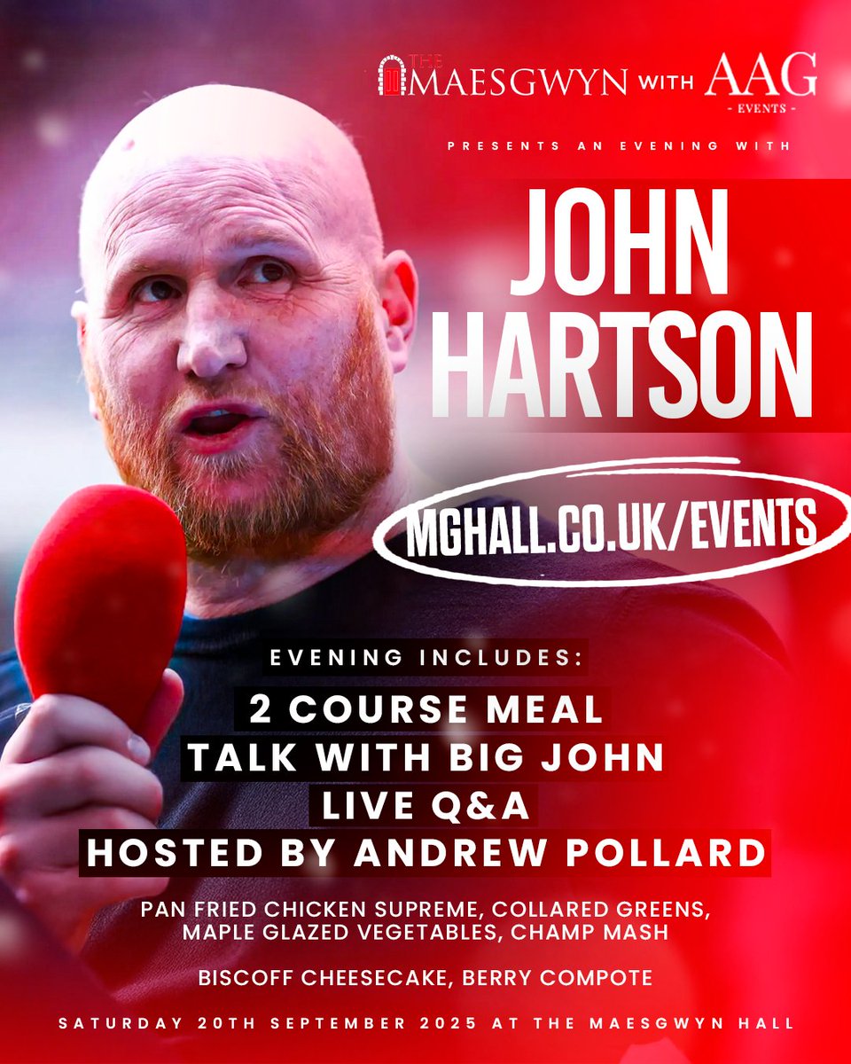 ⚽ AN EVENING WITH JOHN HARTSON ⚽

Brought to you by Maesgwyn Hall &amp; AAG Events...

🍽️ 2 course meal included 
🎤 Talk with Big John
✅ Live Q&amp;A 
👨‍💼 Hosted by Andrew Pollard 

📅 Saturday 20th September 2025 

🎟️BOOK NOW ⬇️

sbee.link/uk94qrcebt