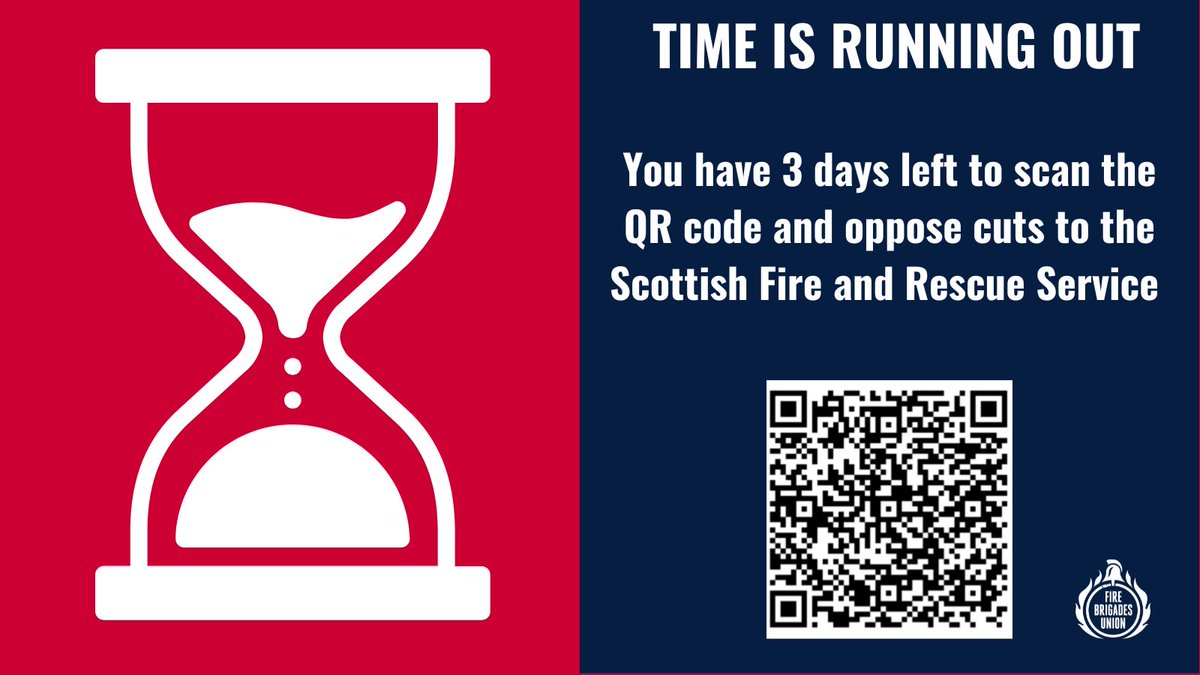 FBUScotland's tweet photo. 🔥3 DAYS TO GO🔥The Scottish Fire and Rescue Service is proposing major changes to fire stations that could see station closures and reduced fire cover. Affected areas include stations in Glasgow, Edinburgh, Lanarkshire, Inverclyde, Fife, Dundee, Perth, the Borders and a number of others.🔥 ensure you submit your views to the consultation using the link or QR code below👇🚒 #CutsLeaveScars

https://t.co/qYy7EM18Zx
@fbunational @WestScotlandFBU @FbuEast @FBUScotNorth @FBU_Scotland_EC @AngusSproul @UnityConsults