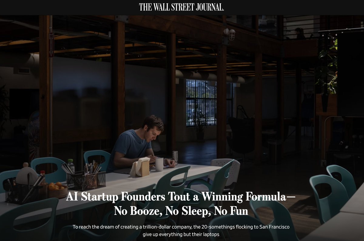 AI founders in SF are a fascinating group. They work every waking hour, sleep in tiny "pods," dropped out of  high school, moved across the world to get in on the gold rush, etc

And, yes, they love to tell people about it
 
w/ <a href="/katiebindley/">Katie Bindley</a>, <a href="/beccpicc/">Rebecca Picciotto</a> and the @wsj visuals team