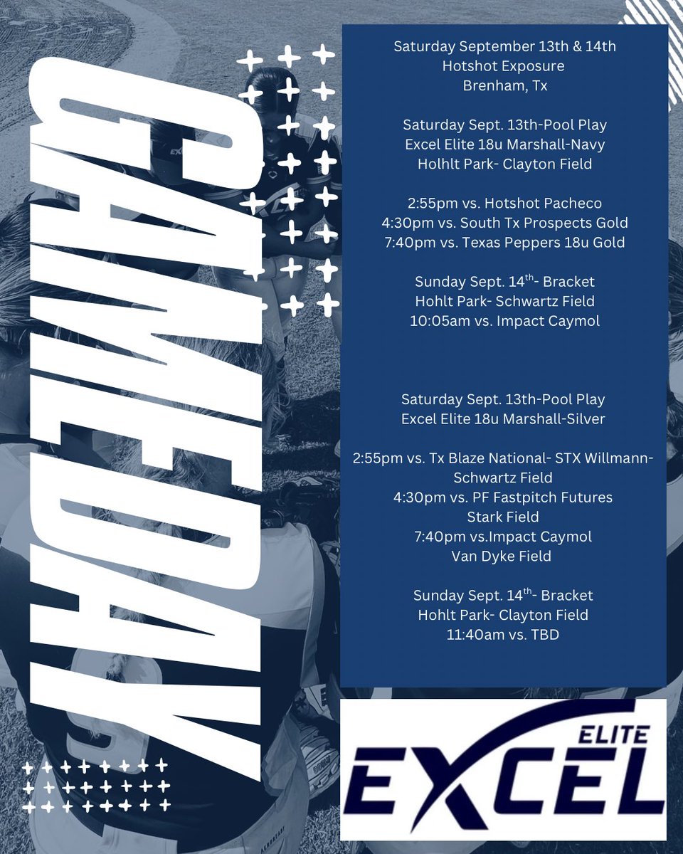Good luck to our Excel Elite 18u Marshall Navy and Silver teams playing this weekend in Brenham, Tx