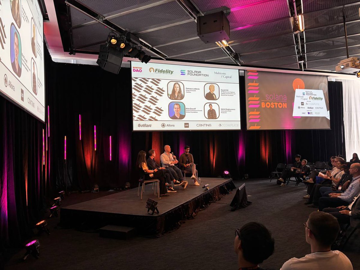 solanaboston's tweet image. Our first panel: Have institutions joined the @solana ecosystem?
Speakers: 
@nickducoff (@SolanaFndn)
David Hill (@Fidelity)
@pumpernikhil (@0xPredicate)
Mod: @aramas95 (@cantinaxyz)