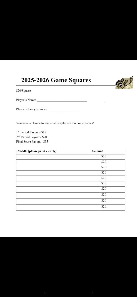 Last chance to get your Game Squares.  Important fundraiser for the U18AAA Goldwings.  If interested message me.  306-461-1004.  Thanks