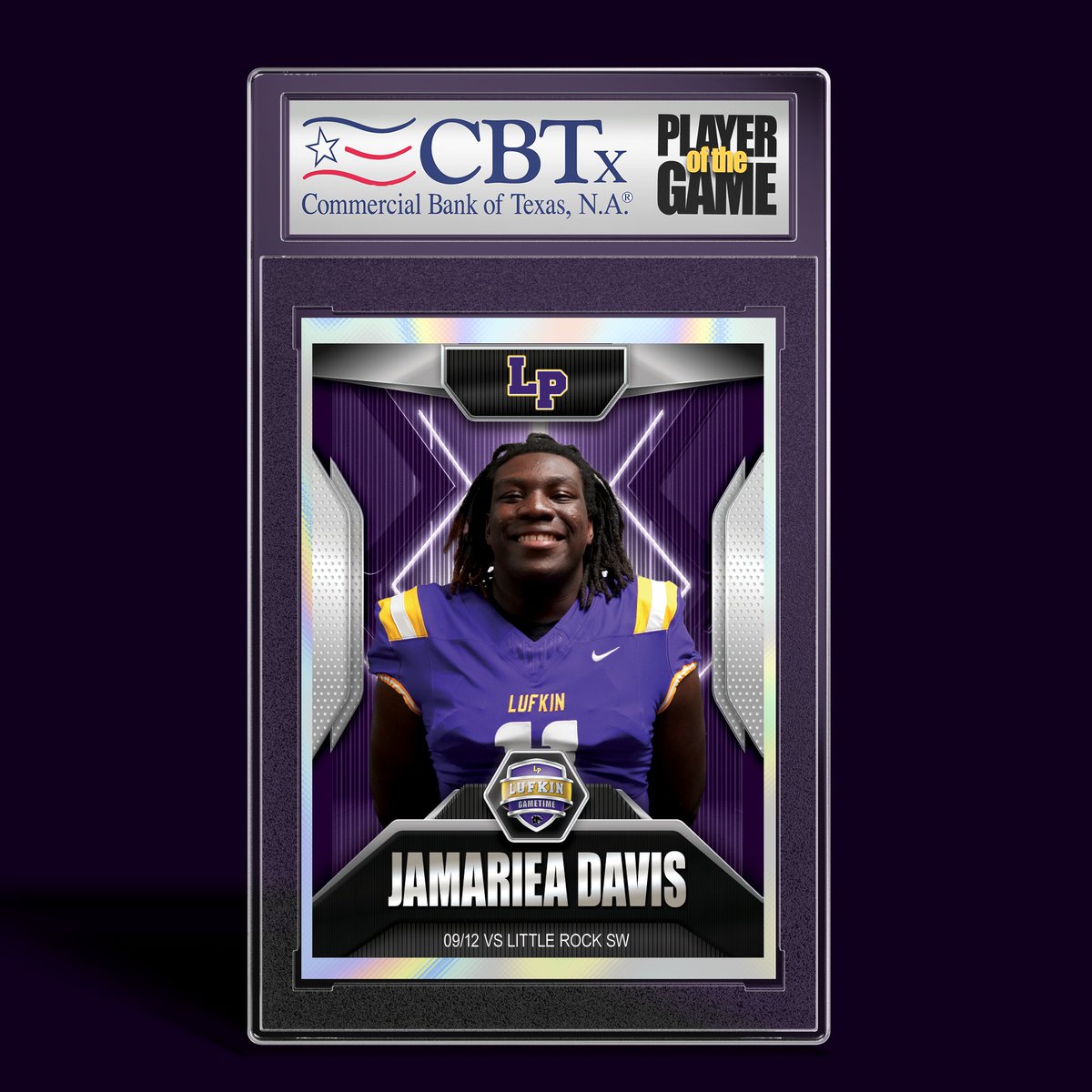 Another BIG night for Lufkin Jr. Jamariea Davis and the Lufkin Defense. Davis, who finished the night with 2 fumble recoveries (1 TD) is our Commercial Bank of Texas Defensive Player of the Game. <a href="/LufkinRecruit/">Lufkin Recruiting</a> <a href="/Lufkinfootball/">Pack Football News</a> <a href="/abseckLPFB/">Carl Abseck</a> <a href="/BIGNASTY500/">GARY IVINS</a> <a href="/JamarieaDavis/">Jamariea Davis</a>