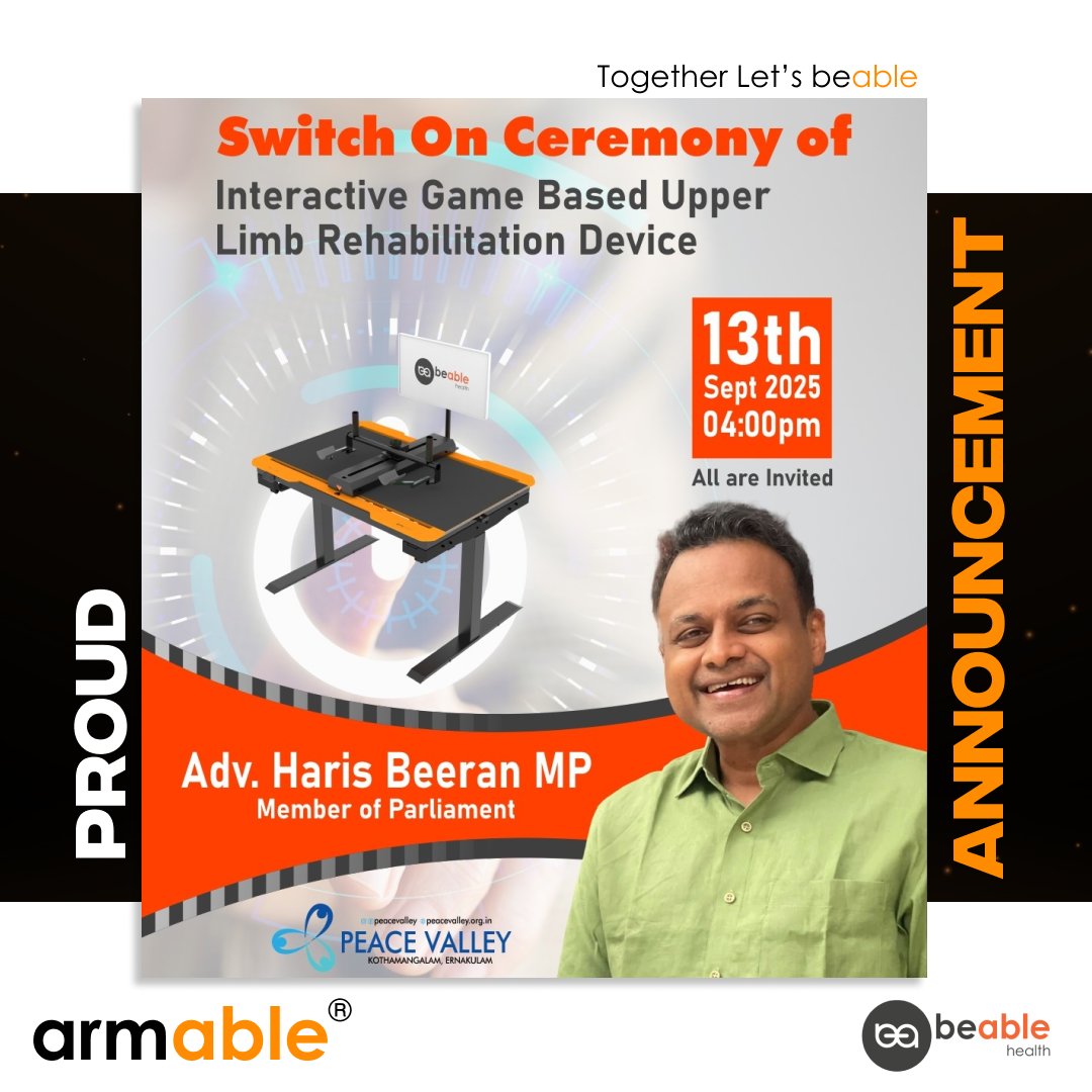 Thrilled to share that Peace Valley, Kerala’s largest neuro-rehabilitation centre in social sector, has onboarded ArmAble – our patented, Made-in-India device for upper-limb &amp; balance rehab. 

#TogetherLetsBeAble #BeAbleHealth #ArmAble  #GameBasedTherapy #peacevalley