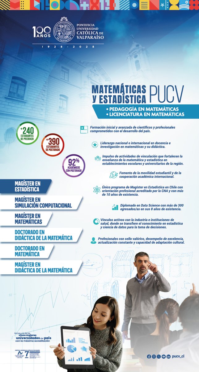 📌En la PUCV, las Matemáticas y la Estadística impulsan el conocimiento, la innovación y la docencia.

Desde la formación rigurosa y aplicada, formamos profesionales capaces de resolver problemas complejos y contribuir al desarrollo científico y social del país🔢.

<a href="/__elmercurio/">El Mercurio</a>