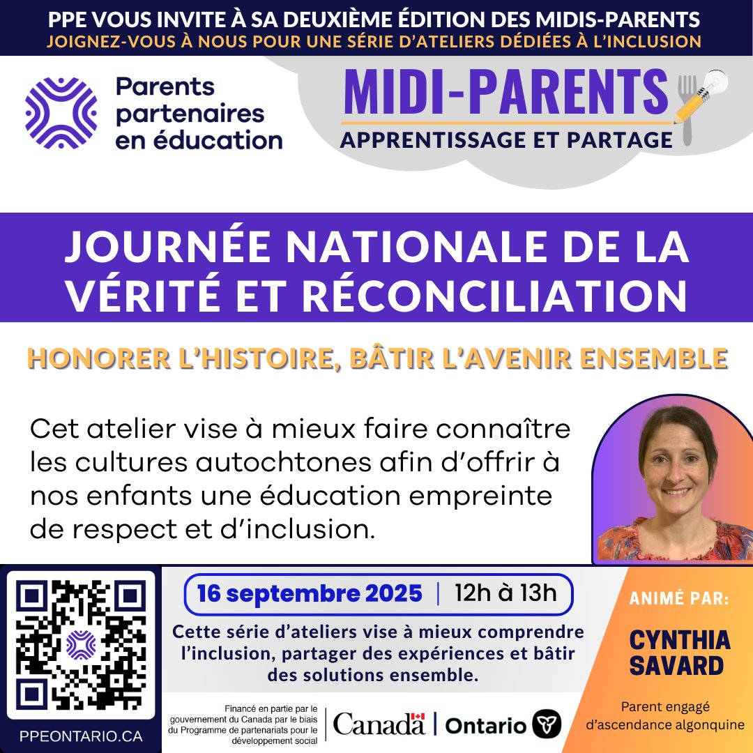 ✨ Midi-parents : Honorer l’histoire, bâtir l’avenir ensemble ✨

📅 16 sept. 2025 | ⏰ 12 h à 13 h | En virtuel

Un espace de dialogue pour réfléchir au rôle des familles dans la réconciliation et l’éducation inclusive.
👉 Inscription : eventbrite.ca/e/1640884161699

#ppeontario