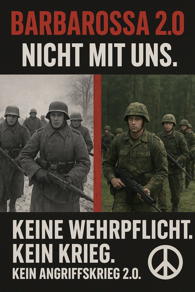 Barbarossa 2.0? Nicht mit uns!
Geschichte darf sich nicht wiederholen. #KeineWehrpflicht #KeinKrieg #FriedenstattKrieg ✌️
Wir sagen Nein zu Angriffskriegen &amp; Militarisierung. #Barbarossa2_0 #StopptdenWahnsinn