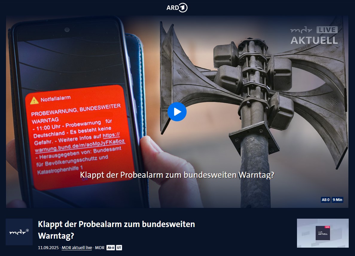 #Krisenforschung #Katastrophenforschung #Bevölkerungsschutz #BBK - "Klappt der #Probealarm zum bundesweiten #Warntag? - Live-Interview mit #Krisenforscher Frank #Roselieb (#MDR aktuell, 11. September 2025) ardmediathek.de/video/mdr-aktu…
