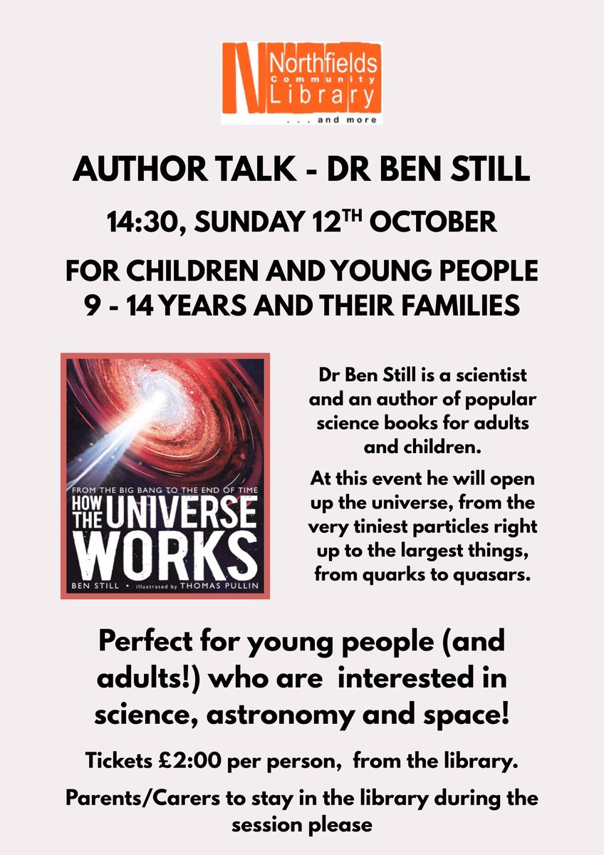 Come find out more about How the Universe Works at Northfields Community Library W5 4UA 14:30 Sunday 12 October #science #astrophysics #book #space maps.app.goo.gl/mixs87cfsMLYNJ… <a href="/WalkerBooksUK/">Walker Books</a> <a href="/EalingLibs/">Ealing Libraries</a>