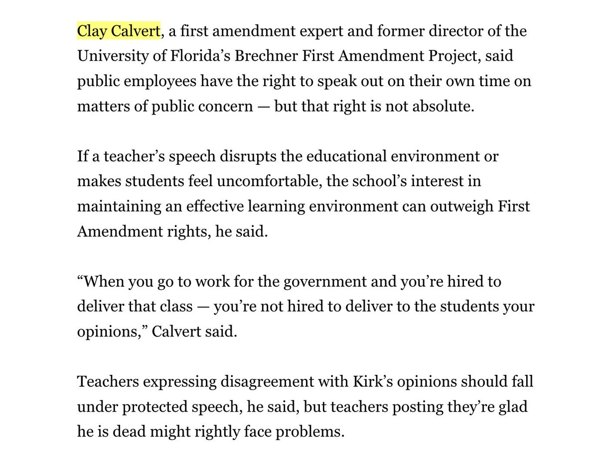 My thoughts today in <a href="/orlandosentinel/">Orlando Sentinel</a> story on A4 by <a href="/swalker_7/">Steven Walker</a> re: public-employee speech rights of teachers in aftermath of Charlie Kirk's assassination . . . <a href="/AEItech/">AEI Tech Policy</a> <a href="/AEI/">American Enterprise Institute</a> . . . orlandosentinel.com/2025/09/11/flo…