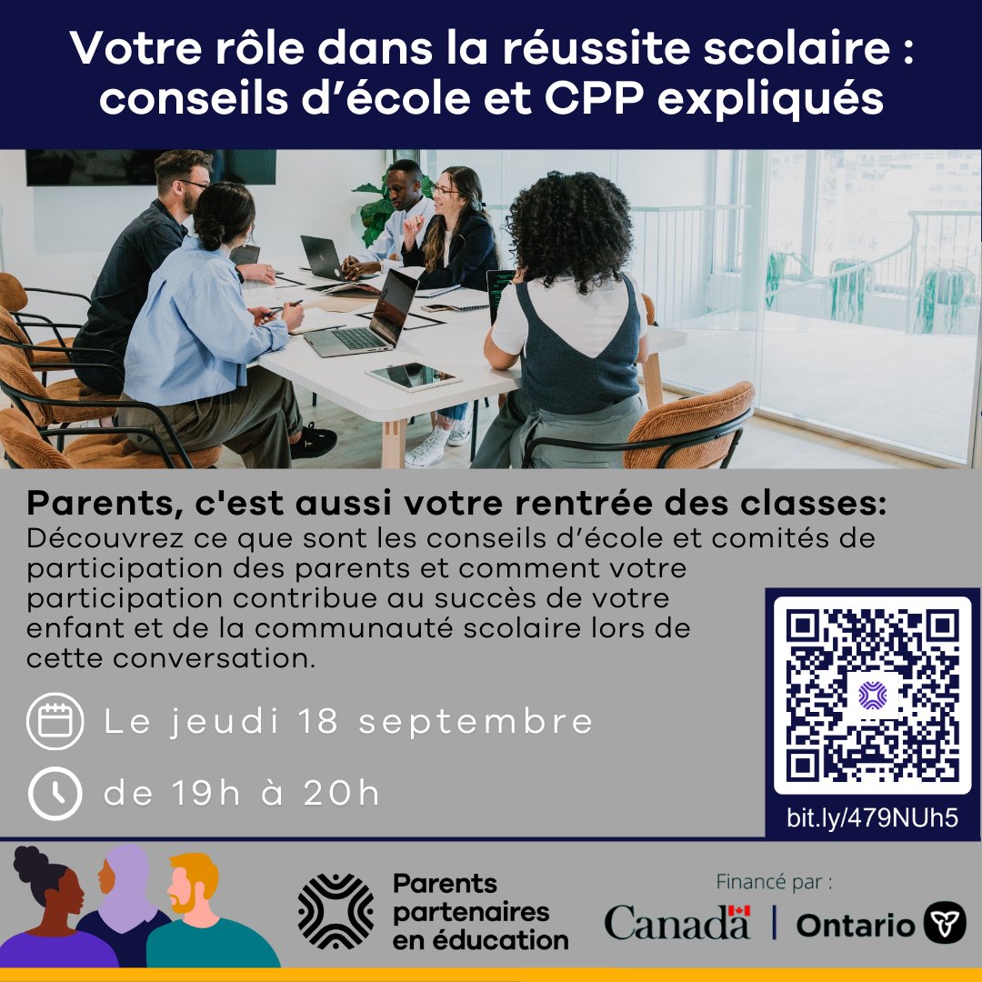 🎒 Votre rôle dans la réussite scolaire : conseils d’école et CPP expliqués 🎒

📅 18 sept. 2025 | ⏰ 19 h-20 h | 📍 En virtuel
Un espace pour réseauter, échanger et comprendre le rôle clé des parents dans nos écoles. 🌟
👉 Inscription : eventbrite.ca/e/1629258779869

#ppeontario