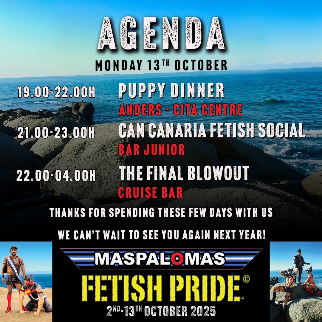 The countdown is on! Less than one month to go until Maspalomas Fetish Pride 2025 kicks off. We already know what we’ll be doing this time next month - do you know where you’ll be? 

Full agenda + advance tickets now available at 👉 maspalomasfetishpride.com