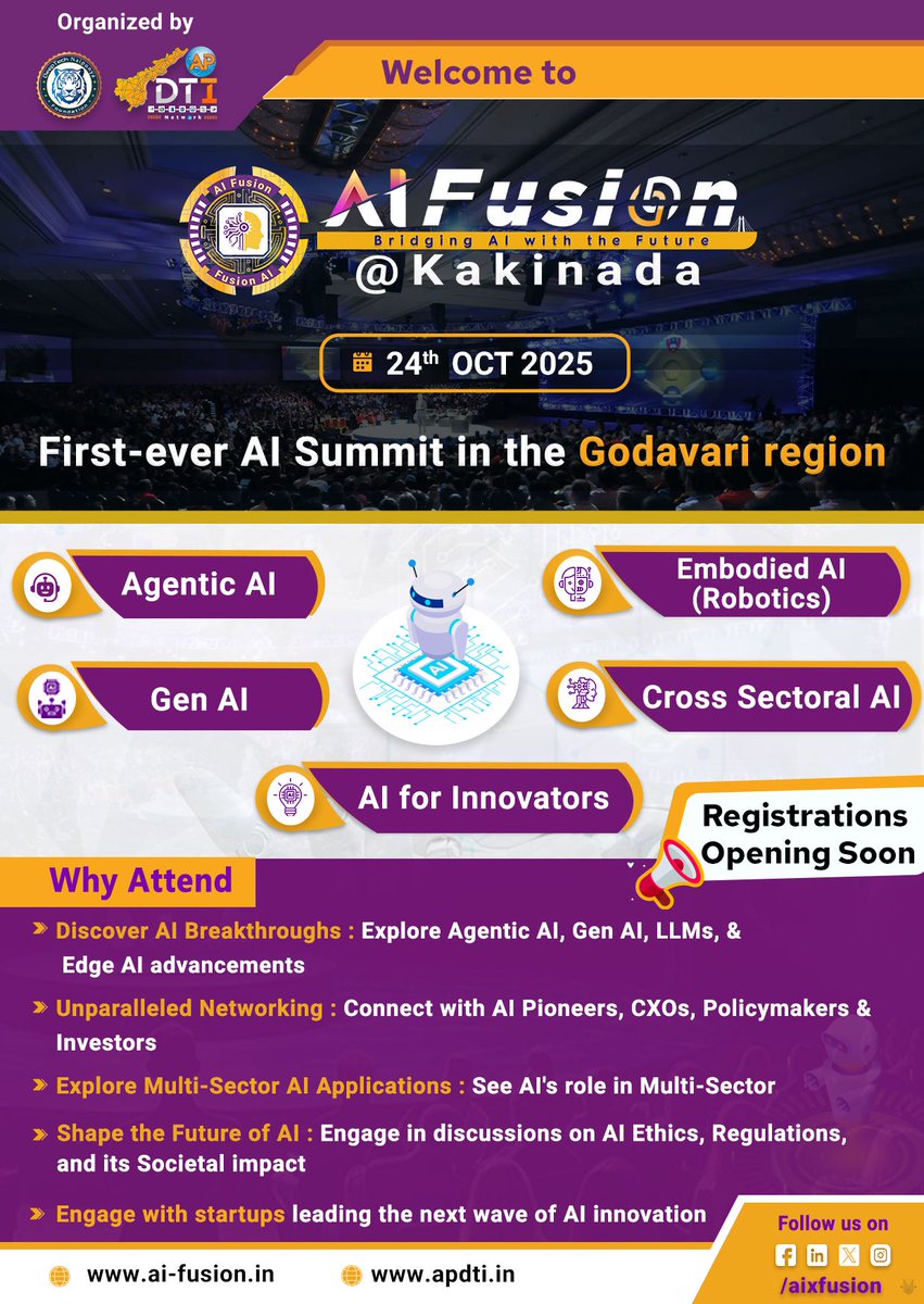 🚀 #AIFusion @ Kakinada – First-ever #AISummit in the #Godavari Region!

✨24 Oct 2025 | #Kakinada, AP
🌟 Explore #AgenticAI, #GenAI, #Robotics, Multi-Sector AI &amp; more.
🤝 Meet #CXOs, #Startups, #Researchers &amp; #Policymakers.
🌐 ai-fusion.in | apdti.in