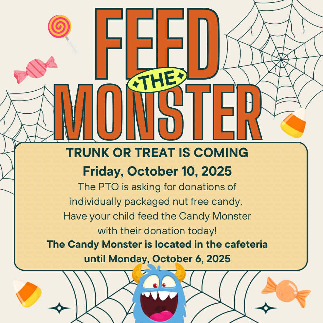 ManateeCCPS's tweet image. MES PTO presents 
TRUNK or TREAT! 
October 10th 
6:00-7:30pm 

Donations needed: 
PTO is asking for individually packaged nut free bags of candy 🍬 for our annual Trunk or Treat. Have your child feed the Candy Monster in the cafeteria with their donation by October 6th.