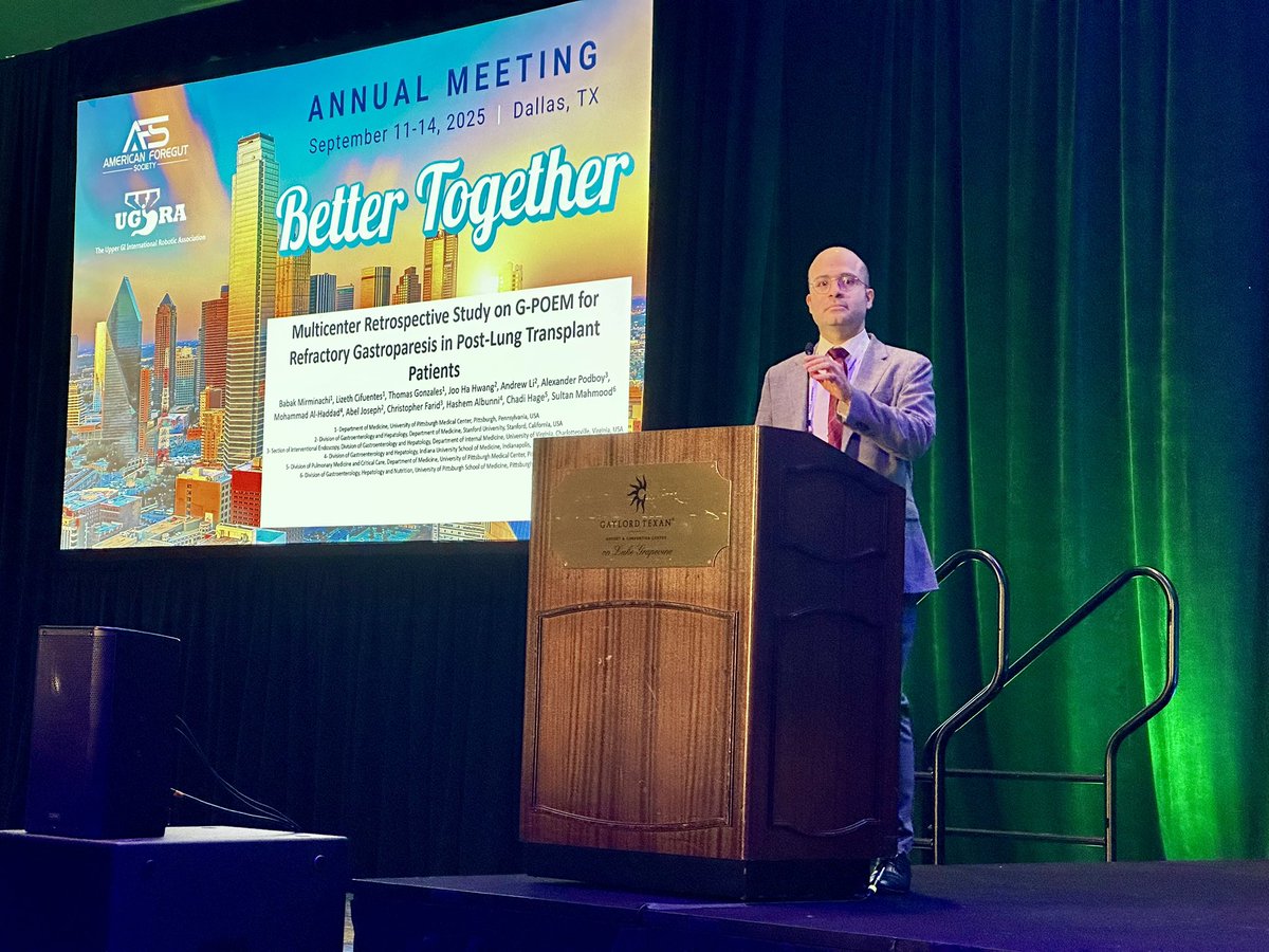 Highlights from the #AFS2025 podium 🎤

Dr. Babak Mirminachi presented a multicenter study on G-POEM for refractory gastroparesis in post–lung transplant patients, demonstrating safety and efficacy of the procedure in this population.

💡 Submit your work to Foregut: