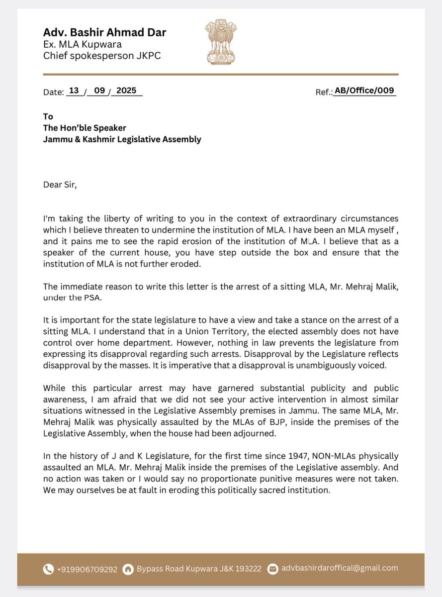bashirdaradv's tweet photo. Submitted a letter to Hon’ble Speaker, J&amp;K Assembly. 
#justiceformehrajmalik 
.
.
.
@MehrajMalikAAP https://t.co/Qsn4kAOHxB