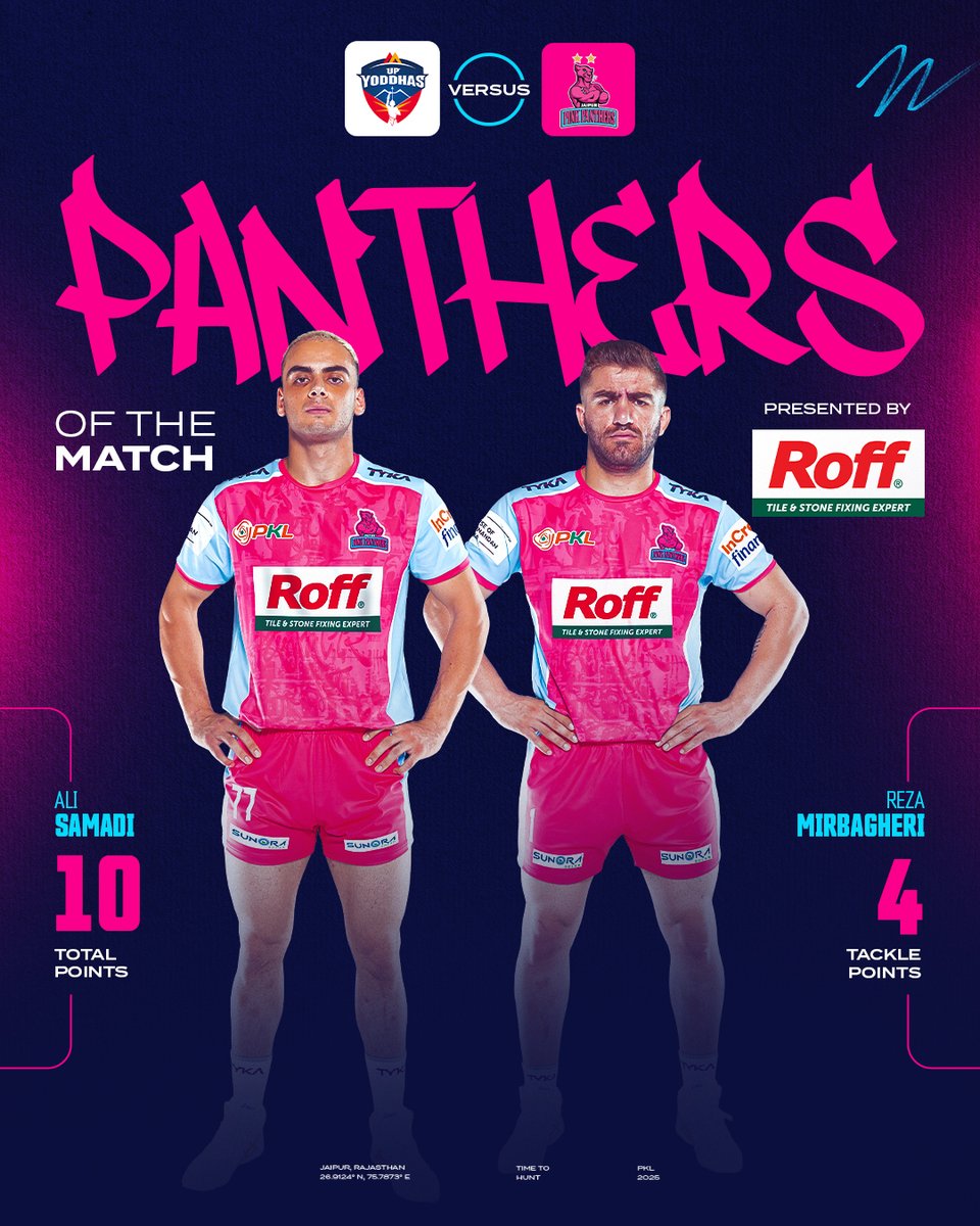 JaipurPanthers's tweet photo. The Iranian flair lit up the mat tonight! Our Panthers of the Match, presented by @RoffIndia – Tile and Stone Fixing Expert, proved what determination looks like! 💪🏼
#NewRoarBegins #JPP #RoarForPanthers #Kabaddi #ProKabaddi #Roff #RoffPidilite #Pidilite #FromTheMakersOfFevicol https://t.co/MIATWFyAhc