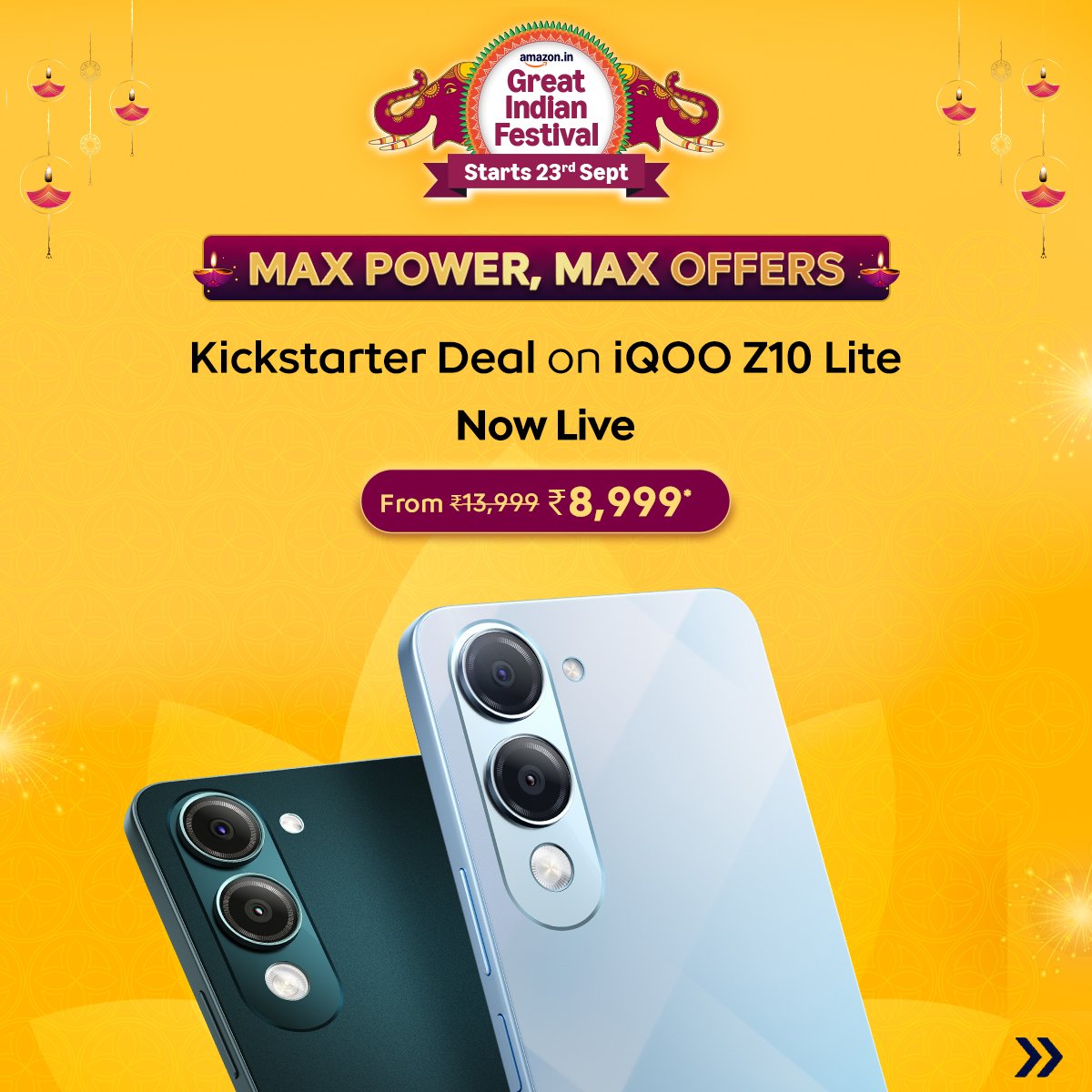 IqooInd's tweet photo. Festival of deals meets MAX POWER, MAX OFFERS! π
iQOO Z10 Lite Kickstarter Special on Amazon Great Indian Festival: 6000mAh power, military-grade durability, 50MP camera - all at an unbeatable price.
Ready for the ultimate deal?
#AmazonGreatIndianFestival #MaxPowerMaxOffers #iQOOZ10lite #FullyLoaded