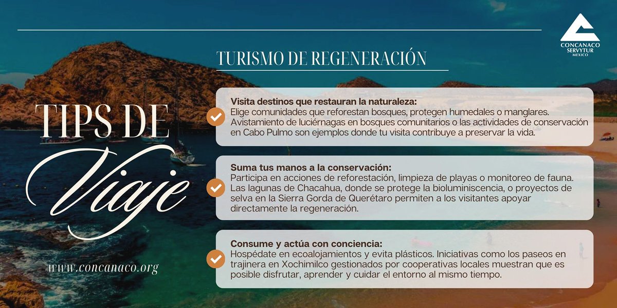 CONCANACO's tweet image. #TipsDeViaje ✈️
¿Quieres viajar y al mismo tiempo cuidar el planeta? 
Aquí te dejamos 3 formas fáciles de hacerlo:
✅ Visita destinos que restauran la naturaleza
✅ Súmate a acciones de conservación
✅ Consume y actúa con conciencia
Porque viajar también puede ser una forma de