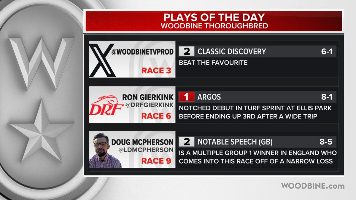 Saturday, September 13 <a href="/WoodbineTB/">Woodbine Racetrack</a> <a href="/WoodbineBratt/">Jeff Bratt</a> <a href="/ElissaWhoa/">Elissa Blowe</a> @LDMcpherson <a href="/DRFGierkink/">Ron Gierkink</a> Plays of the day #BetWoodbineTB