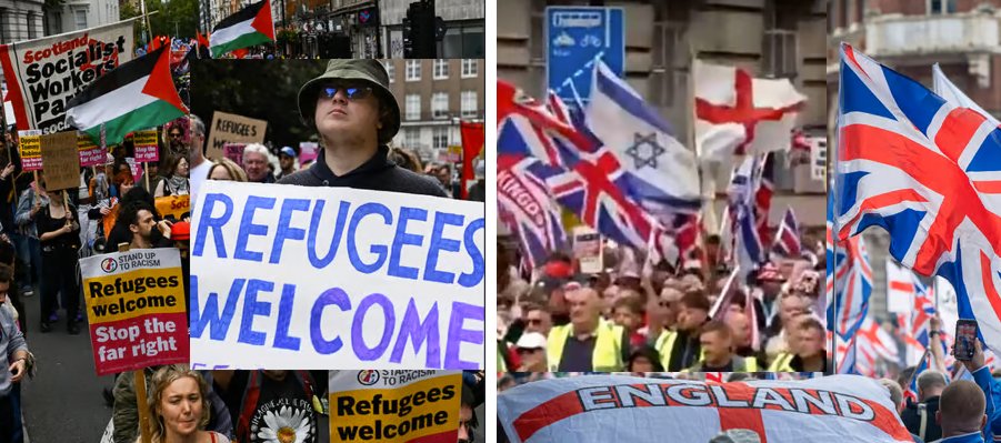 В Лондоне одновременно прошла демонстрация левых (нарезка слева) и правых (нарезка справа). По флагам и надписям можно безошибочно понять у какого лагеря цель сохранить свою цивилизацию, а у какого разрушить:
Плакаты Созиализм + Прохамас + Мигранты
vs
Флаги Англия + США + Израиль
