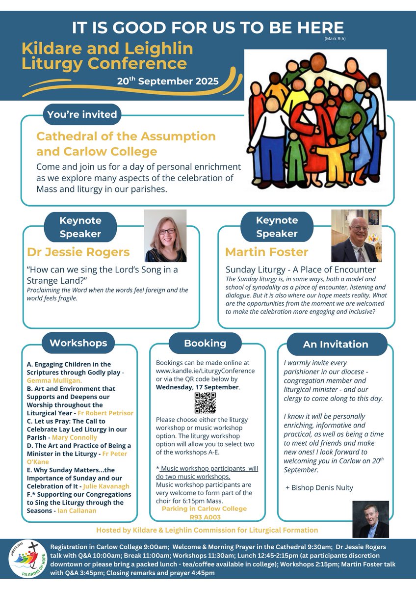 One week to go! It's time to book your place. 
A day for anyone who wants to discover more about the celebration of liturgy in our parishes! Music and liturgy workshops to suit everyone's interests.
Details on the attached poster
Bookings at kandle.ie <a href="/BishopDNulty/">Bishop Denis Nulty</a>