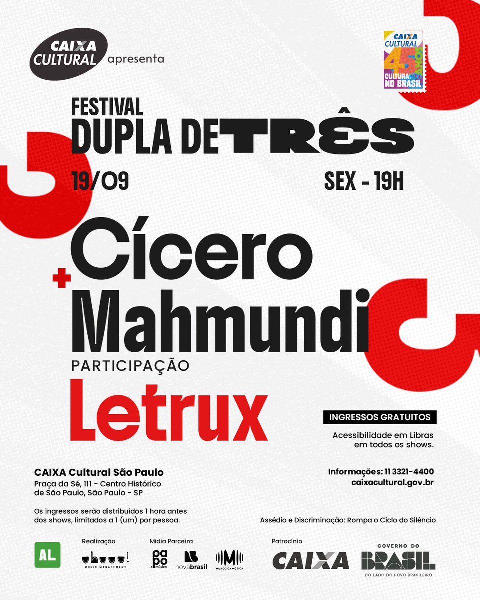 afabianepereira's tweet photo. Alô SP, o Festival Dupla de Três está chegando e vai rolar na CAIXA CULTURAL SP de 18 a 21 de setembro com entrada GRATUITA. Sexta tem show do @cicerorosalins + @Mahmundi + LETRUX. Só chegar! https://t.co/IlVxqK3Qhv