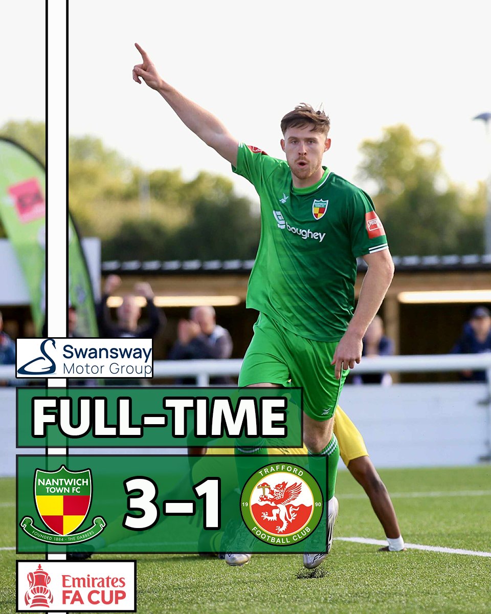 FULL TIME: Nantwich Town 3-1 Trafford FC.

2 for Panter and 1 for Kennedy see the Dabbers through to the 3rd Qualifying Round!

#UpTheDabbers💚
