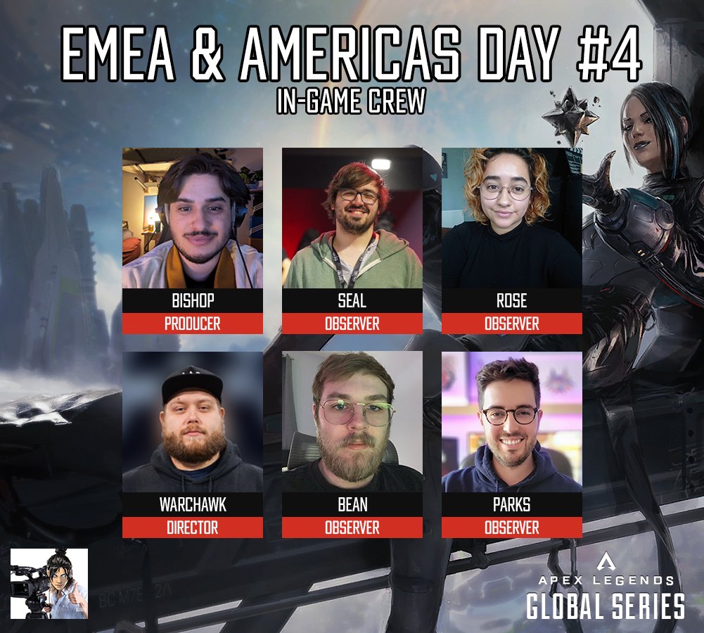 Match Day 4 In-Game Crew for <a href="/PlayApexEsports/">Apex Legends Esports</a> #ALGS :

<a href="/Bishop_FPS/">Bishop</a> 📣
<a href="/Warchawk/">Michał Warchał</a> 🕹️

🎥/🚁
<a href="/RoseCG_/">Rose!!!!</a> 
<a href="/TheSealTV/">Seal</a> 
<a href="/__Parks/">Parks</a> 
<a href="/_YBEAN/">bean</a> 

🦅