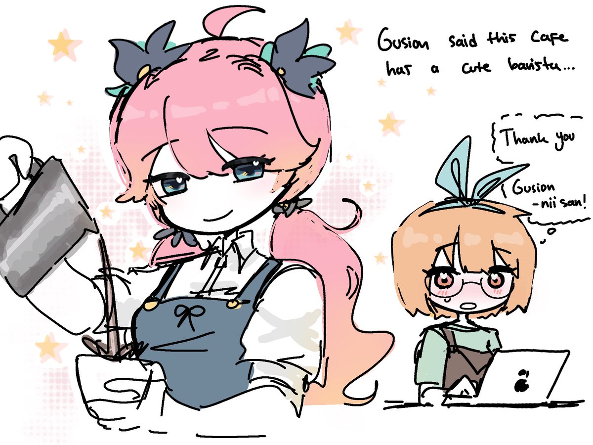 QuanticCatalyst's tweet photo. An AU Where Gusion and Angela are colleagues and Gusion has a crush on the barista’s boss (Claude) WAHAHAHA more of this AU soon !!

#AngelaMlbb #FlorynMlbb #GelaFlo https://t.co/u5jYkDulXT