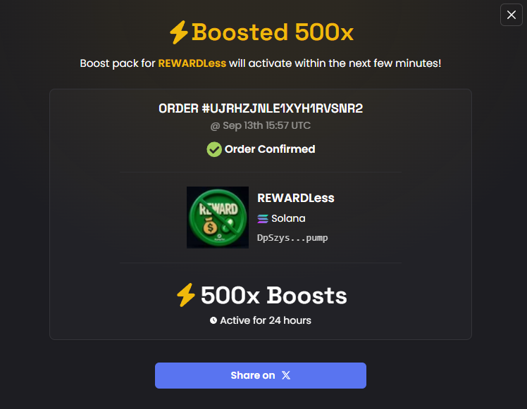 RewardlessSOL's tweet image. 500x Boost on @dexscreener
