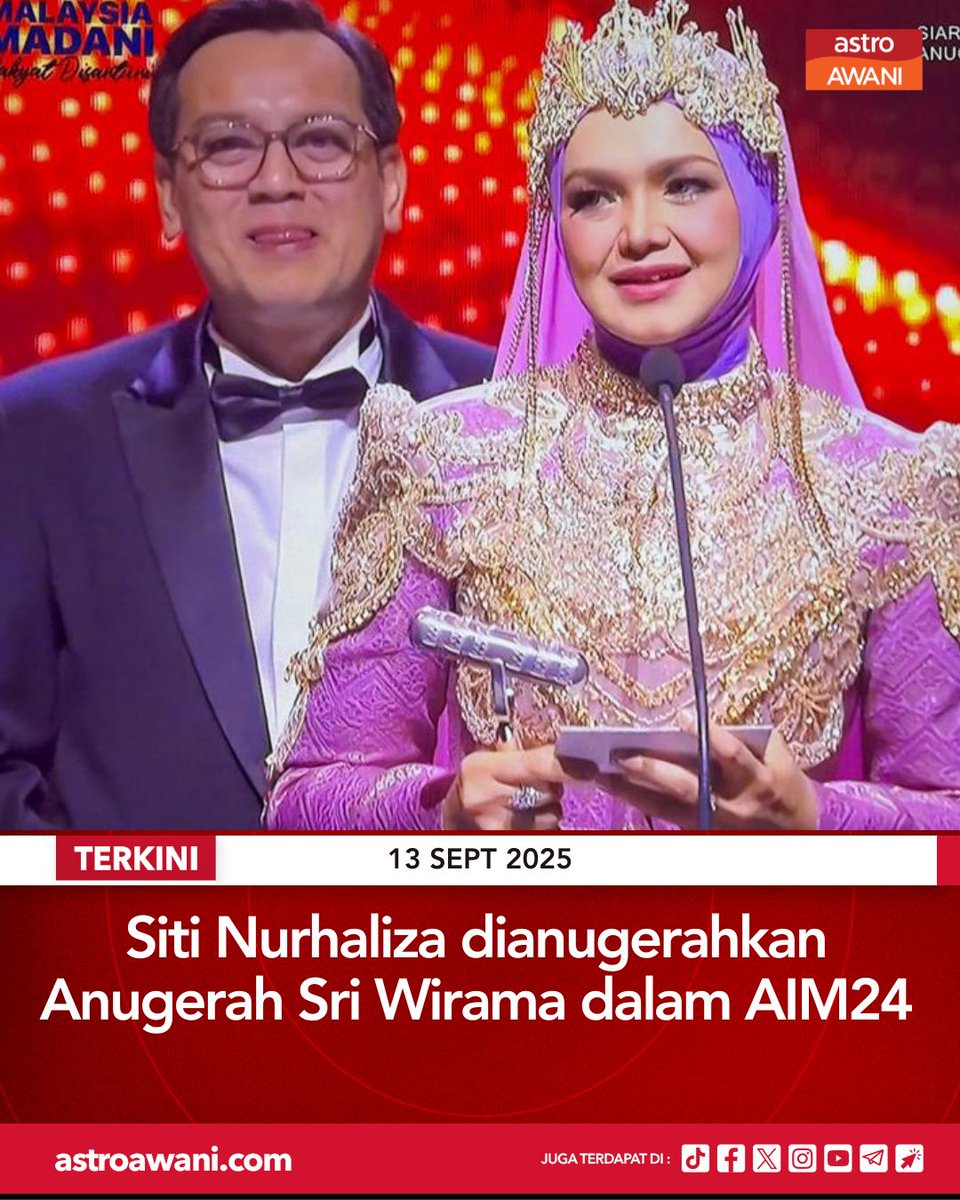 501Awani's tweet image. Datuk Seri Siti Nurhaliza dianugerahkan Anugerah Sri Wirama dalam Anugerah Industri Muzik 24 yang diadakan di Arena of Stars, Genting Highland pada Sabtu.

Anugerah Sri Wirama merupakan anugerah tertinggi dalam AIM24 sebagai menghargai sumbangan serta kejayaan yang dikecapi…