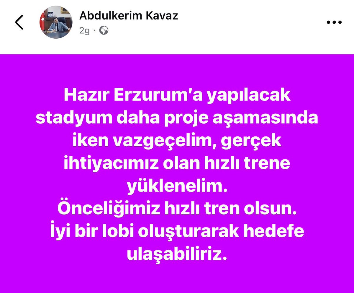Erzurumspor bu şehrin en büyük en değerli markası ve temsilcisidir. Erzurum bu ülkenin en kıymetli şehridir. Önceliğimiz stad olmasıyla beraber hızlı trenide istiyoruz! 
#DadaşlarHızlıTrenveStadİstiyor #ErzurumunStadıveTreniNerde
