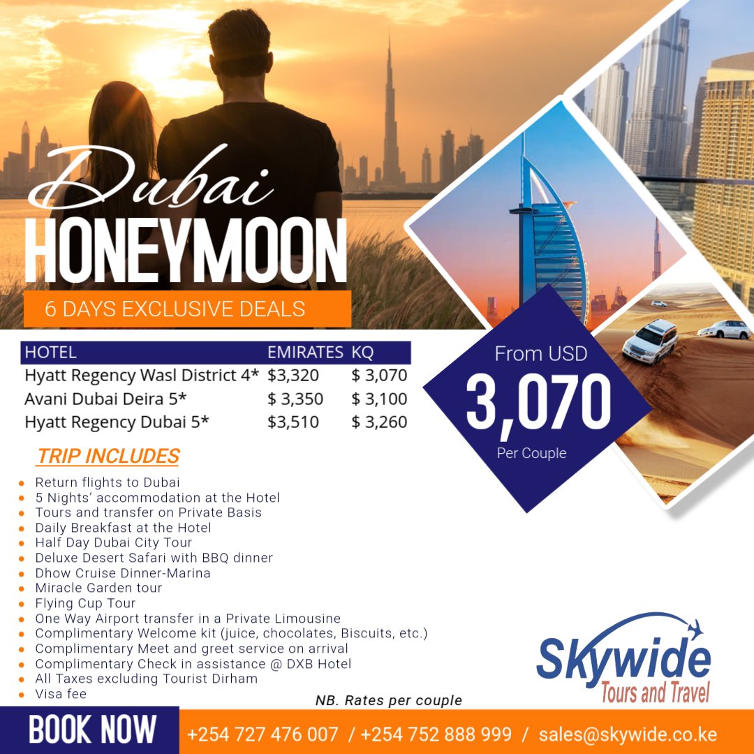SkywideT's tweet image. Turn your honeymoon into a love story in Dubai! ✨
From romantic dhow cruises under the stars, thrilling desert safaris, to private limousine pick-ups — we’ve curated every detail so all you need to do is enjoy each other. 💕
#dubai #tembeanasywide #VacationVibes
