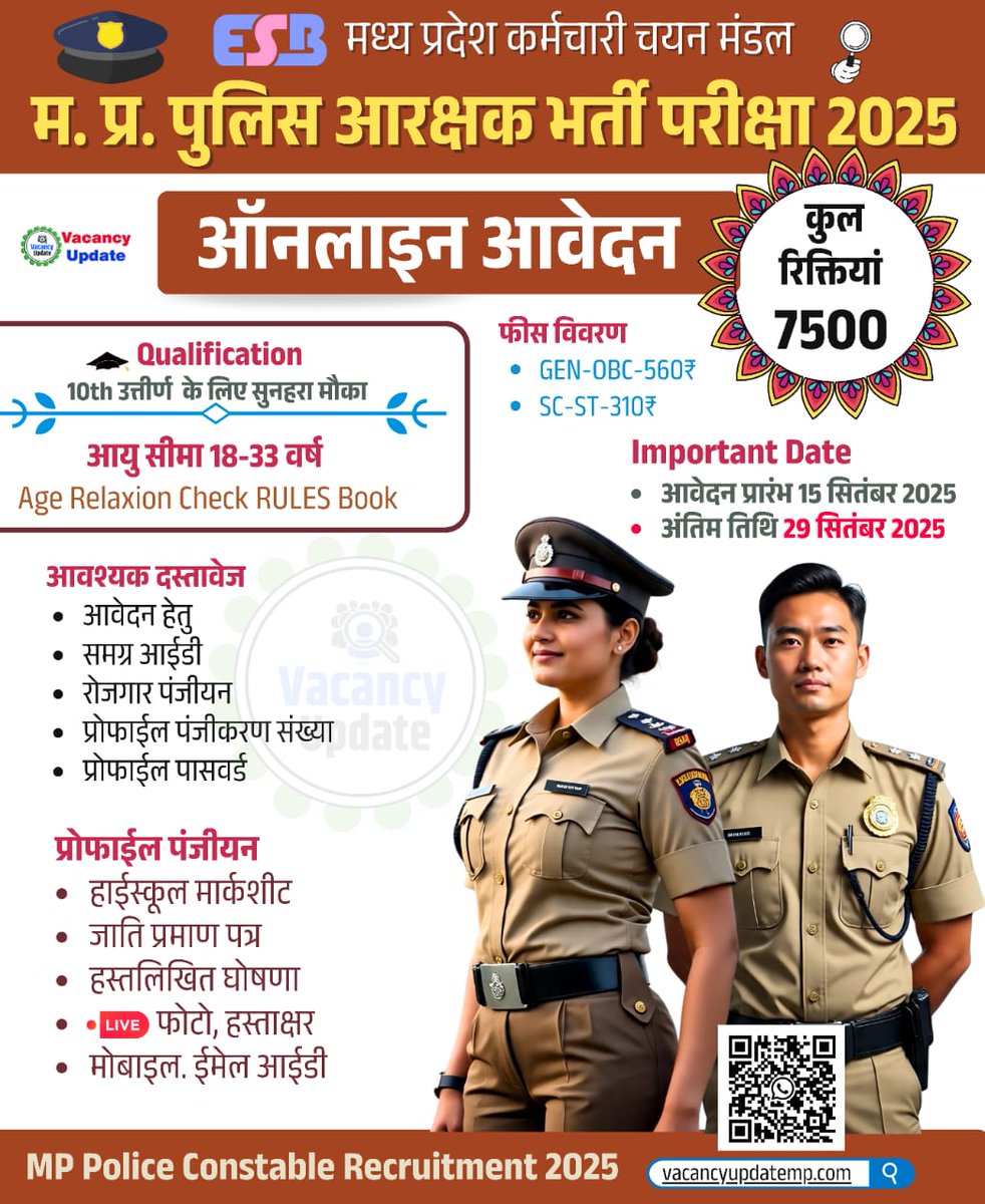 vijend380's tweet photo. मध्य प्रदेश पुलिस आरक्षक भर्ती 2025 नोटिफिकेशन जारी हो चुका है इच्छुक आवेदक आवेदन कर सकते हैं #MpRozjgar
#मध्यप्रदेश #MPCONSTABLE #vacancy #Verma_online_sehore
#mppolice #ESB2025 https://t.co/53UpelF7b0