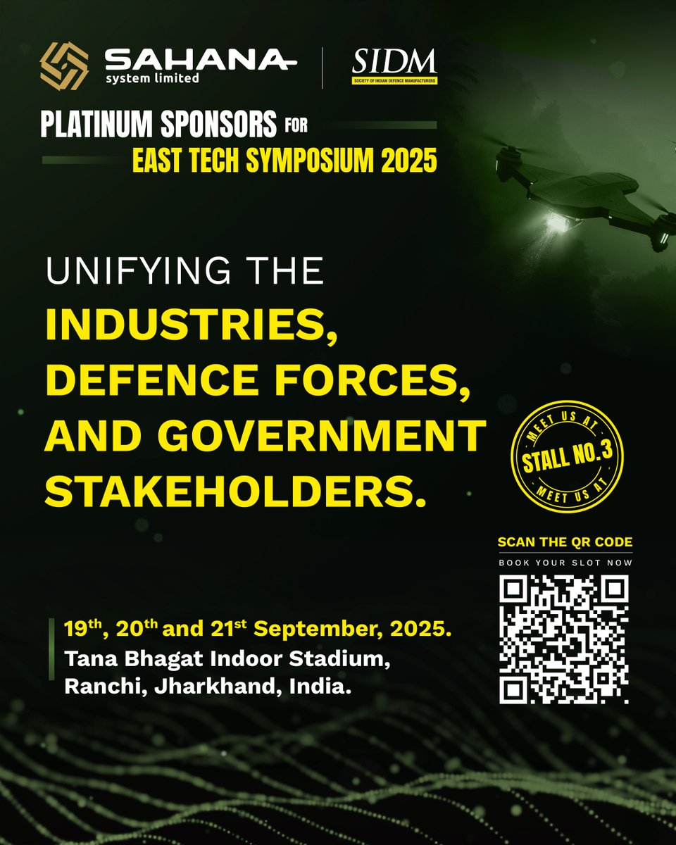 ✨Meet us at Stall No.3✨

Proud Platinum Sponsors at #EastTechSymposium2025, Ranchi! 🚀
Showcasing Sahana System Limited’s innovations powering India’s defence ecosystem. 🇮🇳

Book your slot 👉 booking.sahanasystem.com/#/sahanasystem…