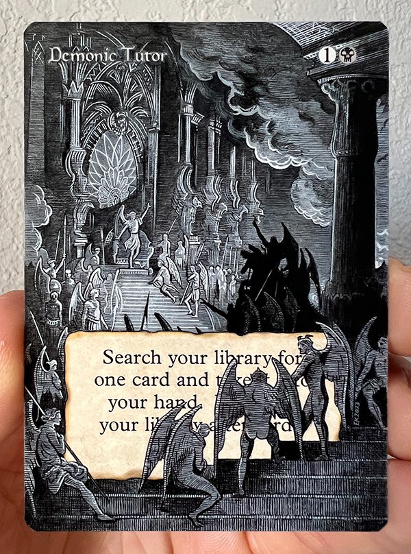 My hand painted, 63 x 88 mm reproduction of Gustave Doré's 'Satan in Council'.