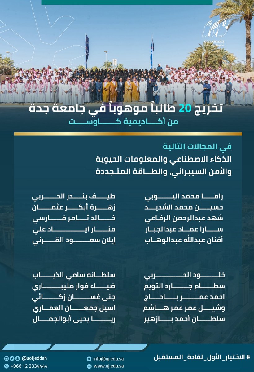 إنجاز | 

تخريج 20 طالباً موهوباً في #جامعة_جدة من أكاديمية كاوست في مجالات الذكاء الاصطناعي والمعلومات الحيوية والأمن السيبراني والطاقة المتجددة. 

فخورون بكم .. وألف مبروك لقادة المستقبل 💐. 

#كاوست 
#الاختيار_الأول_لقادة_المستقبل