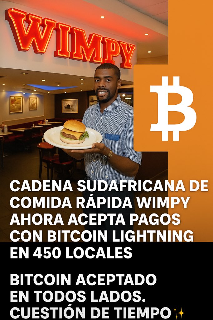 BCryptodinero's tweet image. 🍔⚡ La cadena sudafricana de comida rápida Wimpy ahora acepta pagos con Bitcoin Lightning en sus 450 locales.

Bitcoin sigue expandiéndose como medio de pago real en el día a día. 🚀
La adopción masiva es solo cuestión de tiempo. ✨

#Bitcoin #CryptoNews #LightningNetwork #Wimpy
