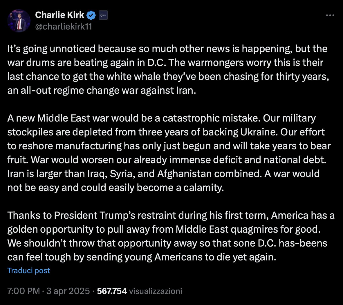 Charlie Kirk era pure contro la guerra in Iran. Chi state prendendo in giro? Chi è il vero mandante?