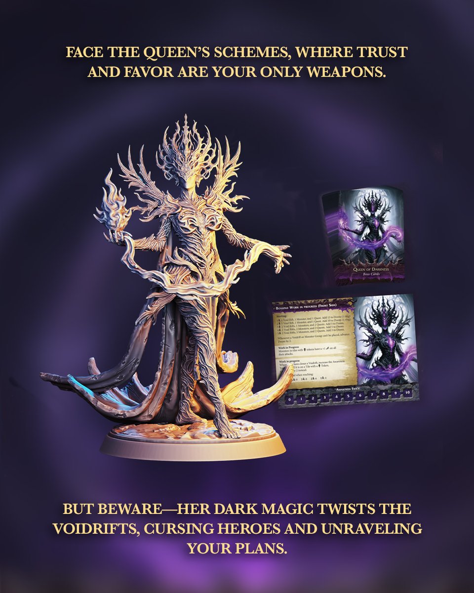 The Queen of Darkness reigns over the Void.

Heroes must carefully earn Favors to rally against her schemes. Her sinister magic constantly shifts the Voidrifts, disrupting plans and afflicting heroes.

👉 Discover more: gamefound.com/en/projects/dr…

#SpellriftLegends #BoardGames