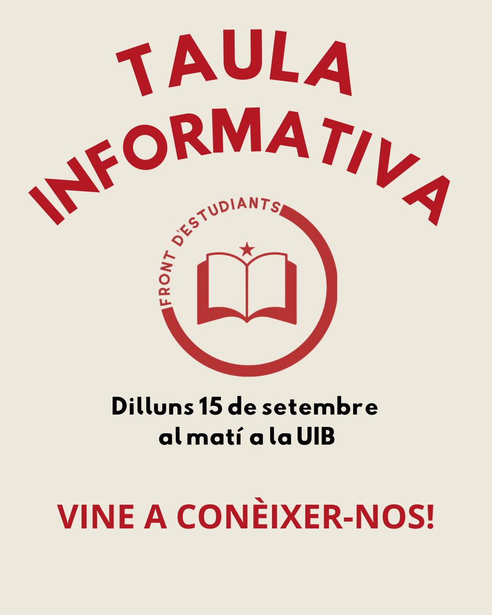 📣 El pròxim 15 de setembre tindrem una taula en què pots conèixer de primera mà què és el Front d'Estudiants, a més d'explicar-nos totes les teves preocupacions i queixes sobre la UIB

🔴 Us esperem! 🔴
