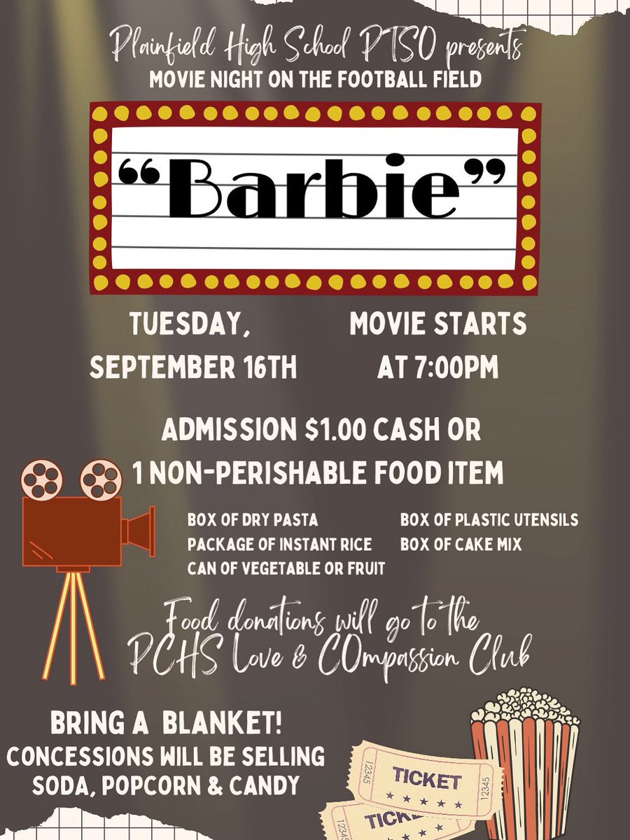 Join us on Tuesday Night! 🍿 🎥 
Kona Ice of Plainfield will be there too! 🍧