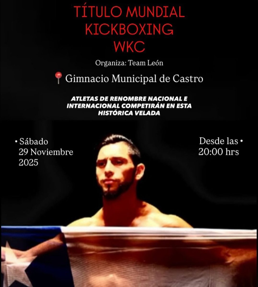 El próximo 29 de noviembre se disputará en Castro, Chiloé, el título del mundo de kick boxing entre Santiago León Cárdenas y un rival a confirmar. Será además el retiro del chilote después de una larga carrera en los deportes de contacto.
@chiloedeportes