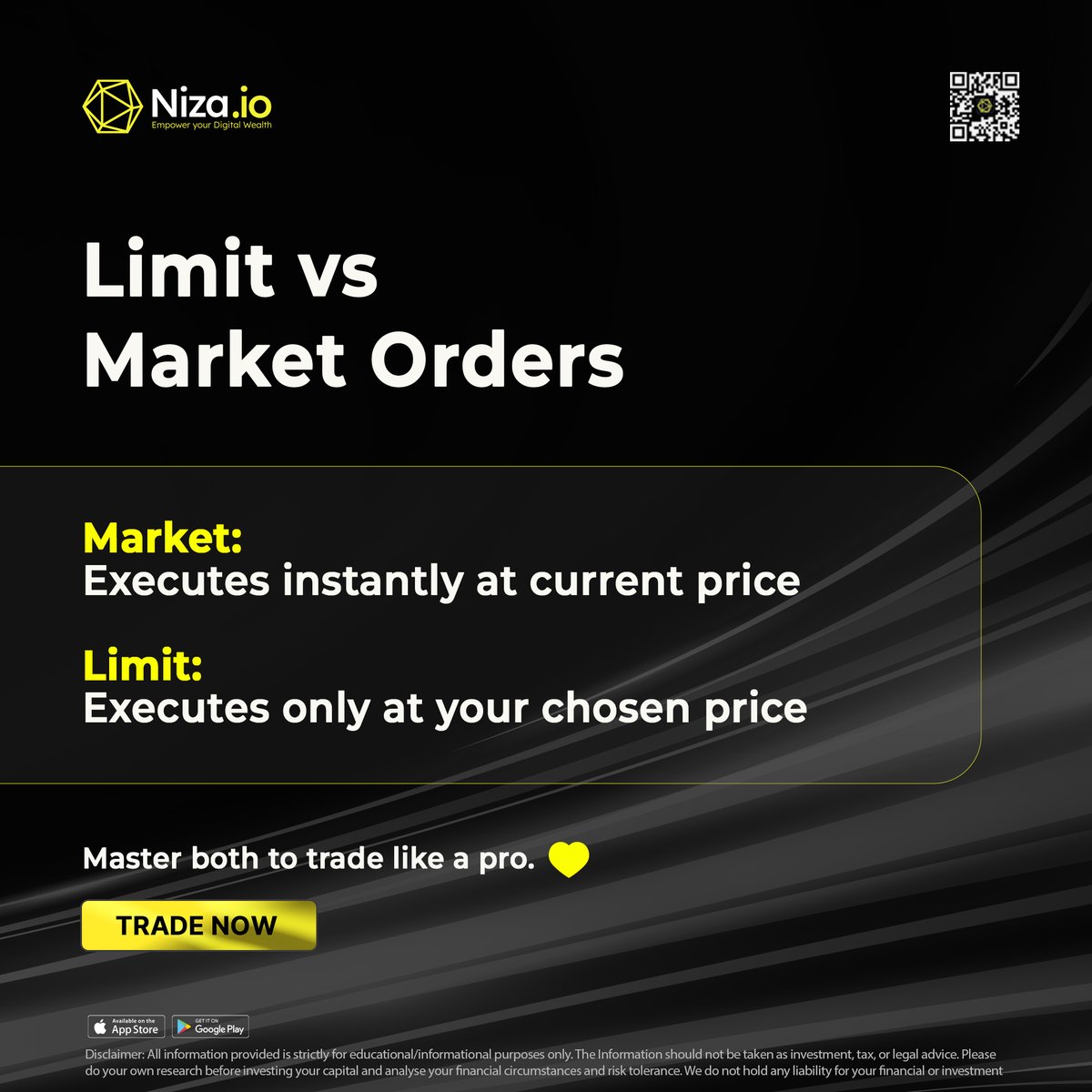 nizacoin's tweet image. Speed or precision - the choice is yours. ⚡🚀

Market Order: Executes instantly at the best available price.
Limit Order: Executes only at the price you set.

Master both, and you’ll master your trades. 💛
Trade now: 🔗 niza.io/trade

#niza #beginner #cryptocurrency…