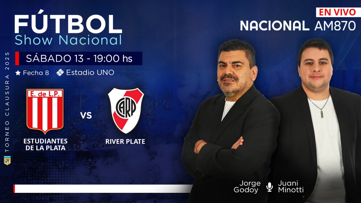 #FútbolShowNacional | ¡Partidazo en La Plata y lo vas a vivir por <a href="/NacionalAM870/">Radio Nacional AM 870</a>  !⚽ 

Desde las 18:45 hs, transmitimos #Estudiantes vs #River  en #AM870 ! 

Relata <a href="/JorGodoy/">Jorge Godoy</a> comenta <a href="/JIMinotti/">Juan Ignacio Minotti</a> 
Vestuarios <a href="/sebaleanza/">Seba Leanza</a>

📻AM870
#TuRadio