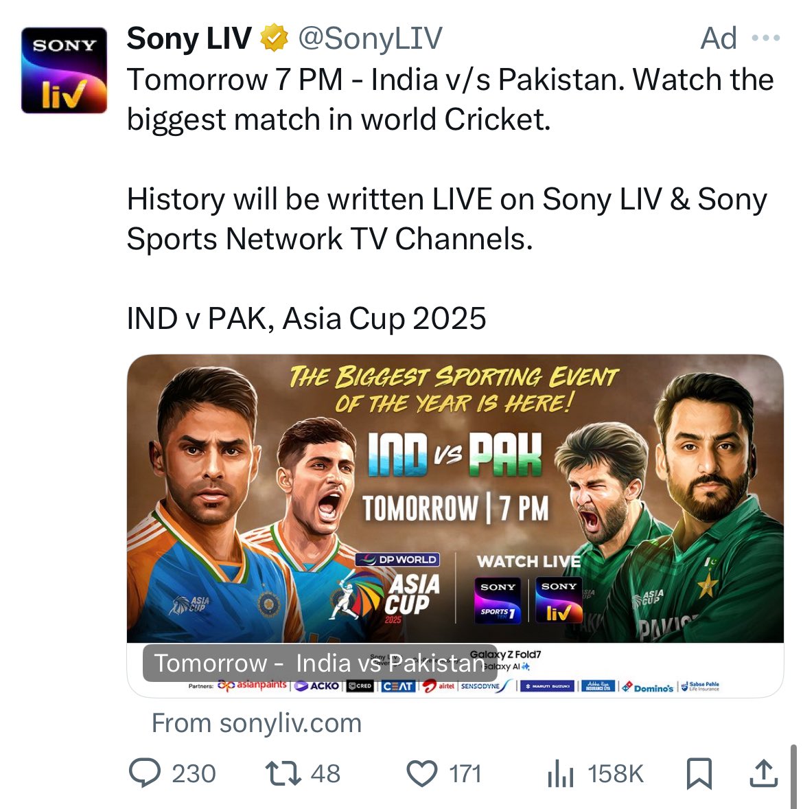 Big Breaking 
BCCI Has Sold its Soul , Don't Sell Yours 

Boycott this match, if you believe cricket is not above the nation.

#INDvPAK