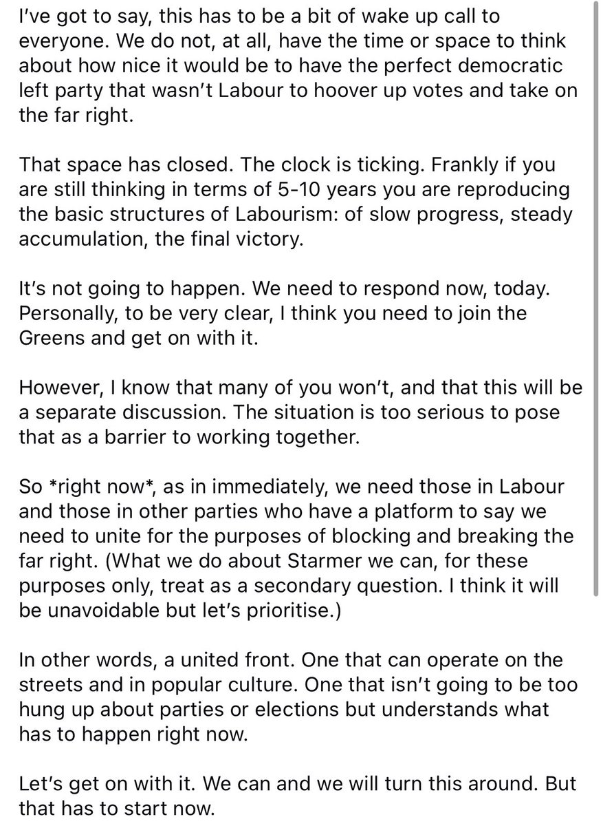 We can all clutch pearls and carry on clutching them all the way to 2029. Or we can get organised. 

Never mind Mosley, this is worse. We need immediate unity across Lab left, Greens, Your Party, on basic anti-fascist principles. A few people with big platforms need to step up.
